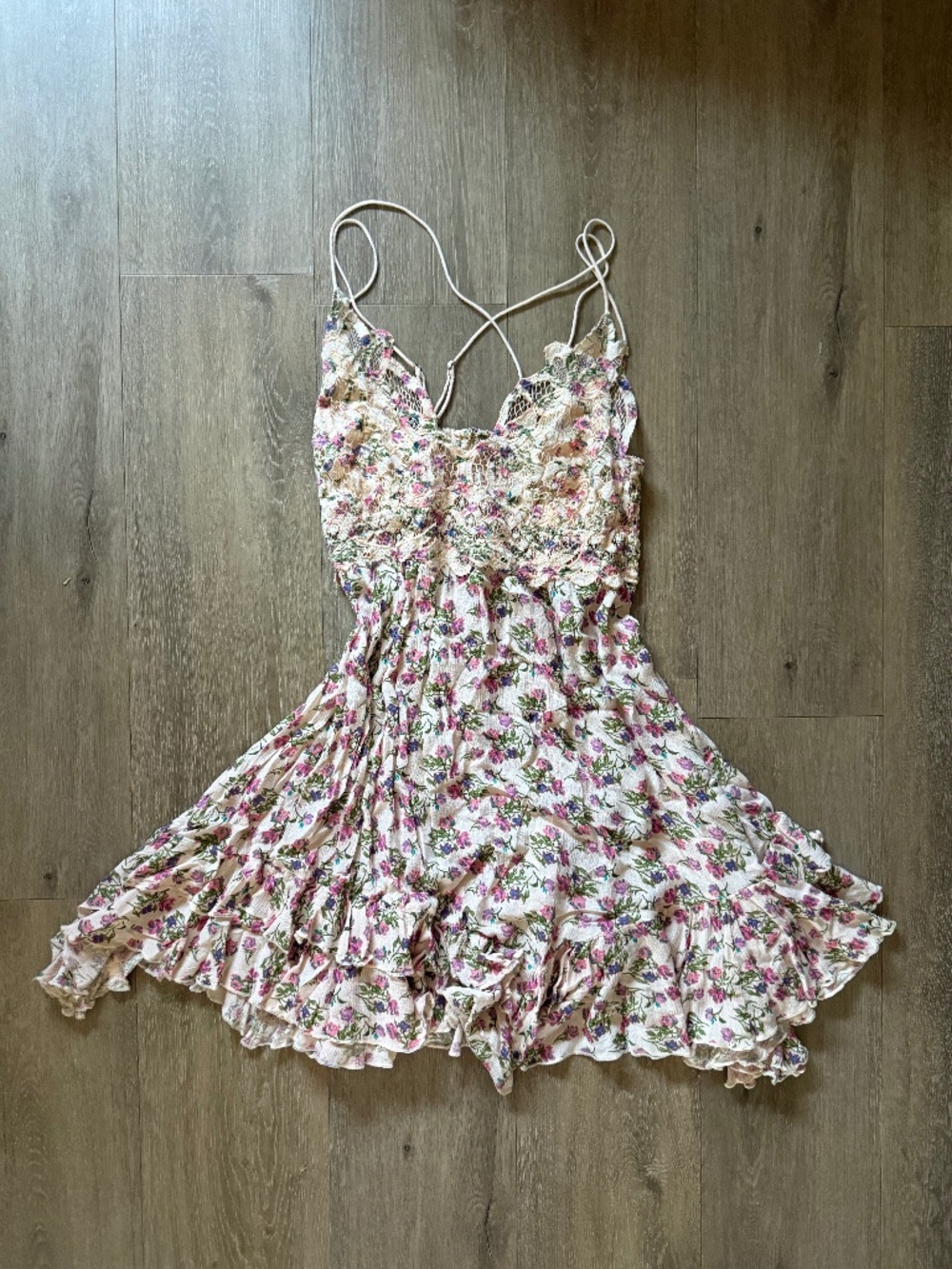Free People Floral Lace Slip Dress w/ Ruffles